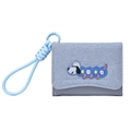 Light blue denim tri-fold wallet with cartoon dog embroidery and matching woven rope - Blue