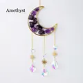 Hanging golden moon suncatcher with purple amethyst crystals and clear prism pendants - Amethyst Moon Wind Chime Pendant