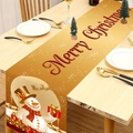 Golden Christmas table runner featuring snowman and Santa Claus patterns on wooden table - 181x35.5cm / Christmas Snowman Gift Box