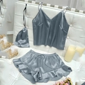Three-piece grey blue silk camisole and ruffle shorts sleepwear set with matching bag - S / Smoke Gray 3-Piece Set (Including Storage Bag)