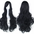 Long wavy black cosplay wig with side bangs made of heat-resistant fiber on mannequin - Black