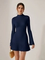 Detail of navy blue knitted mini dress featuring a pleated hem and mock neck design - S / Navy Blue