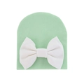 Mint green ribbed knit baby beanie with a large decorative white bow for newborns - 0-6 Months / Cyan and White