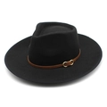Classic black wool fedora hat with brown leather band and gold buckle on white background - M (56-58cm) / Black