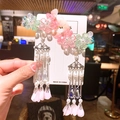 Pink and green Chinese style butterfly tassel hair clips with white pearls and petals - No.17 Crystal Pink Butterfly Pair Clip