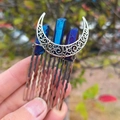 Detail of silver moon hair comb featuring raw purple crystals and hand-wrapped wire art - Dark Blue + 10-Tooth Comb