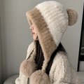 Cute knitted bear hat for women in beige and light brown with soft plush pom-poms - Three Pom-Pom Plush Style (White) / Color Block