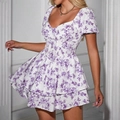 Short sleeve purple floral mini dress with v-neck and tiered ruffle skirt design - XS / Purple