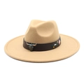 Detail of western fedora hat with bull head metal buckle and floral embroidery band - M (56-58cm) / Camel