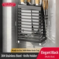 Porte-couteau en acier inoxydable 304 noir mat avec bac de vidange et support mural - Porte-couteaux Mural / Noir