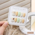 Handmade press-on nails with cute cat and fish bone art in cream yellow and green - FM076-XS