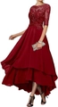 Detail of burgundy evening gown featuring lace embroidery, sequins, and tiered high-low hem - US 2 / Red