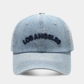 Close-up of Los Angeles 3D embroidery on vintage blue washed denim baseball cap - Adjustable / Light Blue