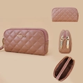 Pink quilted faux leather clutch bag for women featuring double zipper compartments - Dark Pink