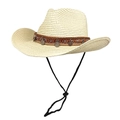Détail d'un chapeau de paille western avec broderie ethnique et accents métalliques - M (56-58cm) / Beige