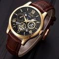 Men's quartz watch with gold case, brown crocodile leather strap and black skeleton dial - Brown Leather Strap Black Dial