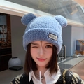 Cute light blue plush knitted hat with bear ears and warm earflaps for winter - Blue
