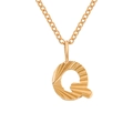 Golden stainless steel letter Q pendant necklace with sunburst engraving on a cross chain - Letter Q / Gold