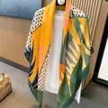 Cotton linen square shawl with yellow and green floral patterns on a hanger - 130*130cm / Yellow Green Colorblock Floral (MZF-089)