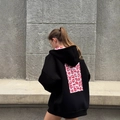 Oversize black boyfriend hoodie featuring a large red lip print on the back view - S / Pullover / Black