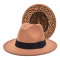 Detail of brown fedora hat with leopard print underbrim and black grosgrain ribbon - M (56-58cm) / Khaki