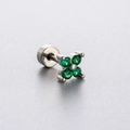 Silver stainless steel clover stud earring featuring four round cut green gemstones - Green (Single Piece)
