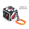 Black and white soft cube book featuring letter E F G and red ladybird patterns - Large Stroller Pendant