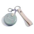 Green PU leather folding pocket mirror with flowers pattern and a keychain strap - Green Floral