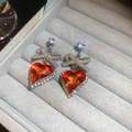 Bowtie silver earrings with heart-shaped orange gems and diamond-encrusted accents - Silver Bowknot Red Heart Faceted Gemstone Earrings (66# Silver Needle - Red - Silver)