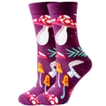 Whimsical purple crew socks featuring colorful mushroom and green leaf patterns - Size 35-42 / Purple Mushroom