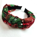 Christmas red and green plaid headband with festive knot and white snowflake pattern - Glitter Snowflake Red Green Plaid