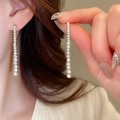 Elegant silver tassel earrings with vertical round cubic zirconia and pearls for women - Pearl Embellished Vertical (34#)