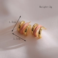 French vintage pink and gold striped C-shaped enamel hoop earrings with size specs - 1.3cm x 1.1cm / Pink