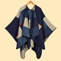 Poncho de punto para mujer estilo étnico con estampado de cuadros geométricos grueso - Cuadros Azul Marino