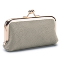 Mini grey lychee grain genuine leather coin purse with golden metal frame clasp - Gray