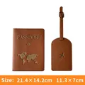 Tan PU leather travel set with embossed world map passport cover and luggage tag - Passport Holder + Luggage Tag / Earth Yellow Set