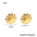 Detail view of gold stainless steel twisted earrings with size and weight specs - Gold Round Stud Earrings (F761)