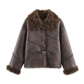 Brown faux shearling jacket with vintage fur collar and metal buckle details - XS / Coffee