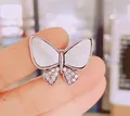 Silver butterfly brooch with white shell wing and sparkling rhinestone details - Single Item / Butterfly 2 (Rhinestone White)