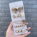 5-piece hair clip set featuring pearls, resin bears, and floral designs on display card - Cypress Bear (5 Piece Set)