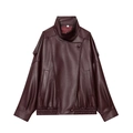 Giacca da donna in pelle PU bordeaux con collo alto e chiusura a zip asimmetrica - S / Borgogna