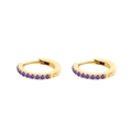 Minimalist gold-plated stainless steel hoop earrings set with small purple crystals - February Violet - Gold