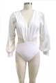 Detail of white one-piece swimsuit with deep V-neck, ruched front and puff sleeves - S / White