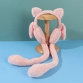 Close-up of pink plush moving ear muffs with glitter cat ears on a wooden display stand - One Size / Cat Ears Style / Orange Pink