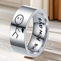 Bague de couple en acier titane argenté avec croquis de portrait et gravure His Always - Taille 7 / Motif de personnage & gravure 'His Always' / Largeur 8mm / Acier