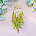 Green Tree of Life dream catcher with handmade pink beads and vibrant green feathers - Green Leaf Peach