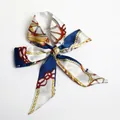 Navy blue equestrian print silk ribbon scarf tied in a neat bowknot with nautical motifs - S04-Navy Nautical Rope