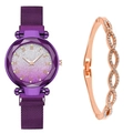 Close-up of starry purple gradient watch face with a rose gold twisted bangle - Watch+Bracelet / Purple