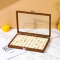 Walnut wood ring jewelry box with glass lid and soft beige velvet interior slots - Large Ring Slot Holder / Walnut With Beige Interior