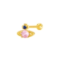 Close-up of golden Saturn piercing stud with pink crystal and small blue zircon detail - Pink Cross Planet Style (24081301-3)